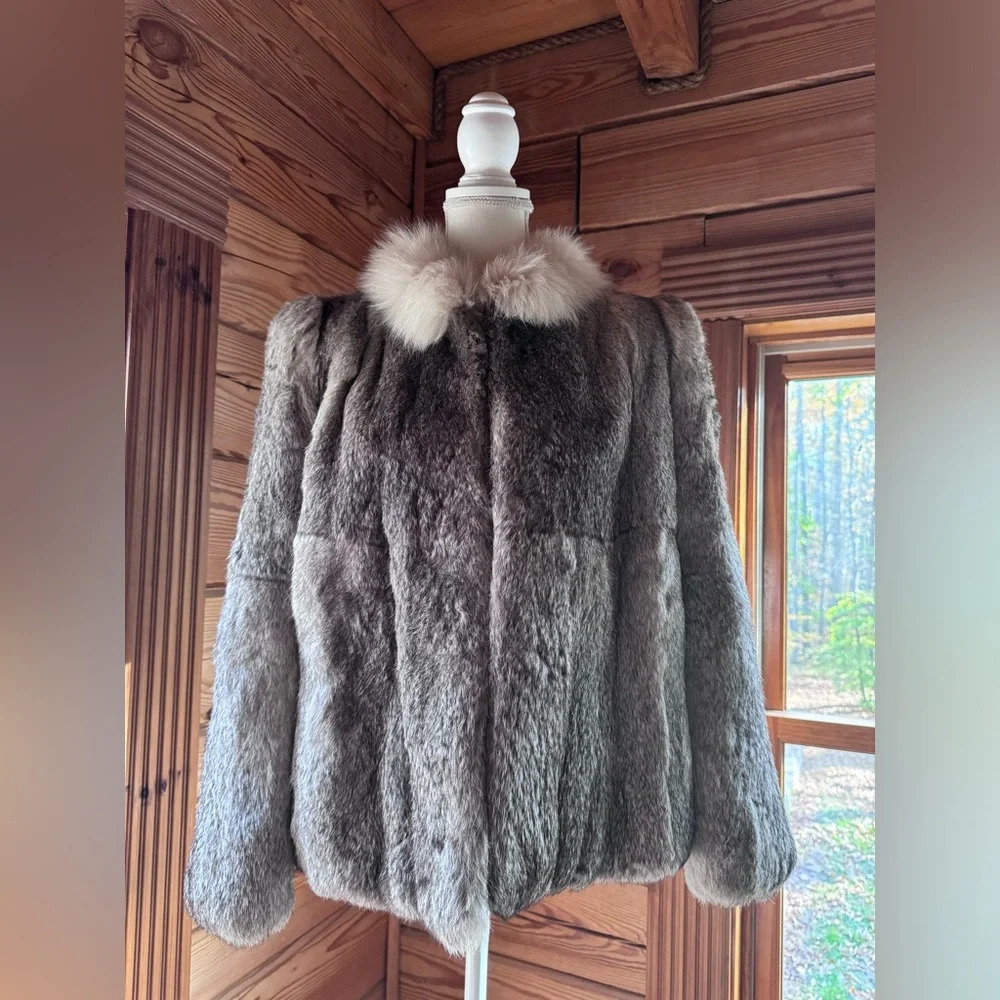 Vintage Rabbit Fur Coat with front hook closure pink satin lining size large